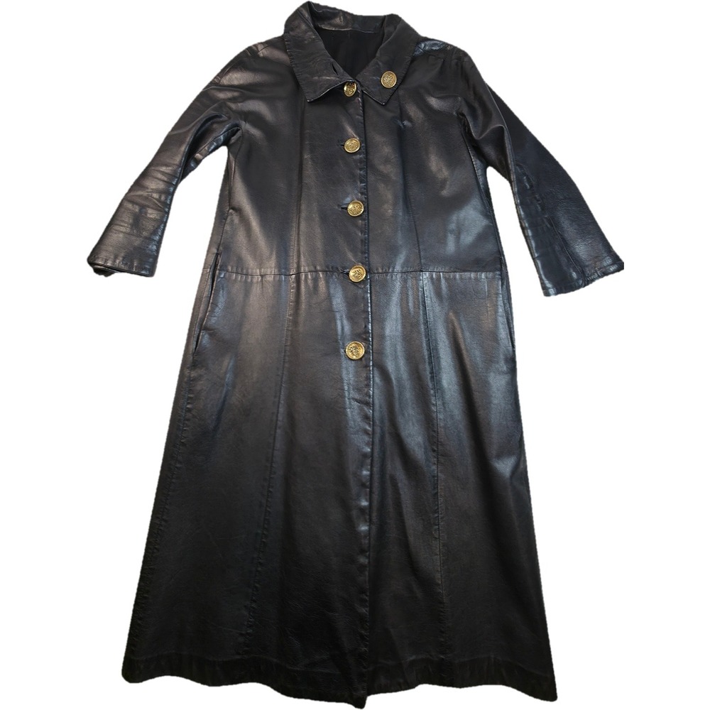 Vintage Womens Black Leather Long Maxi Coat Gold Buttons Pleated Back Duster M